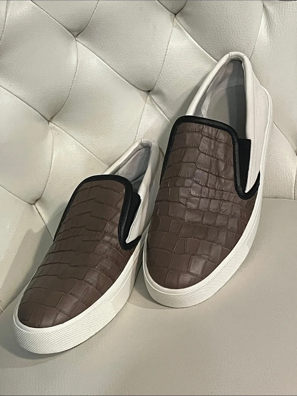 Vince Brown Croc-Embossed Slip-On Sneakers White Sole Eye Catching Quiet Luxury